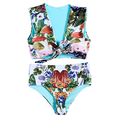 

Plunge Neck Sleeveless Padded Floral Print High Waist Two-piece Women Bikini Set