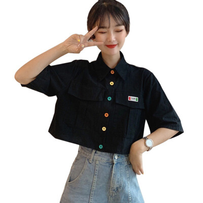 

Women Crop Top Preppy Style Women Short Sleeve Turn-down Collar Blouses Shirts Summer Fashion Rainbow Buttons Shirt Tops