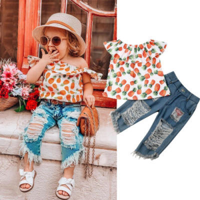 

2PCS Toddler Kids Girls Off Shoulder T-shirt TopsDenim Jeans Pants Outfits Set