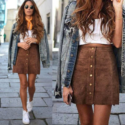 

Women Ladies High Waisted Pencil Skirt Bodycon Suede Leather Mini Skirt Club