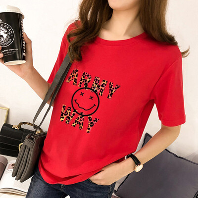 

Tee Shirt Femme Womens Korean Style Round Neck Cartoon & Letters women tshirt Print Half Sleeve Loose T-Shirt