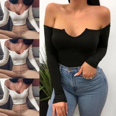 

Fashion Women Off Shoulder Crop Top Long Sleeve Shirt Blouse Sweater T-shirt