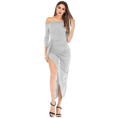 

New Sexy Women Shiny Maxi Dress Off Shoulder High Split Slash Neck Ruched Bodycon Club Party Long Dress