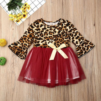 

Toddler Kids Baby Girls Cute Leopard Sleeve Party Dress Bowknot Tulle Princess Mini Dress Outifts