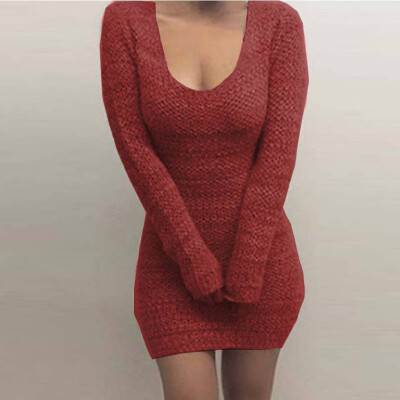 

〖Follure〗Womens Solid Bodycon Jumper Ladies Sexy O-Neck Dresses Long Sleeve Sweater Dress