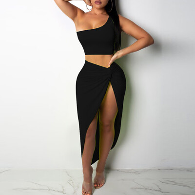 

Roseonmyhand Fashion Women Sexy Solid One Shoulder Short Top Bodycon Tank Split Skirt Suit