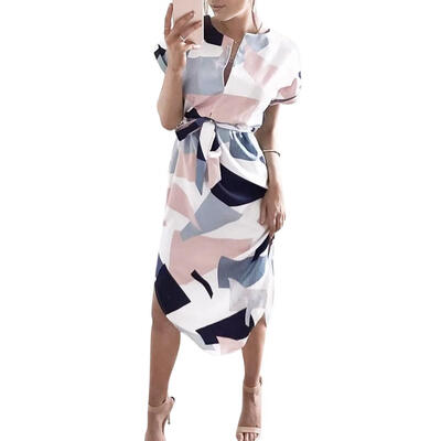 

Summer Chiffon Dress Women Geometric Print V-Neck Sexy Loose Lace Up Dress