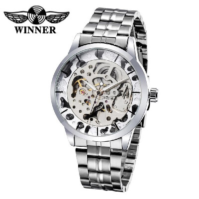 

WINNER High-quality Skeleton Automatic Men Mechanical Watch Stainless Steel Big Dial Business Mans Dress Casual Wristwatch with B