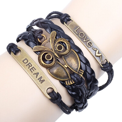 

Multi-Layer PU Leather Bangle Bronze Owl Wristband Bracelet Handmade Weave Antique Jewelry