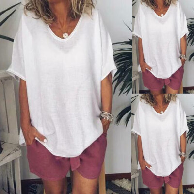 

Womens Summer Linen Blouse Casual Loose V Neck T Shirt Half Sleeve Baggy Tops
