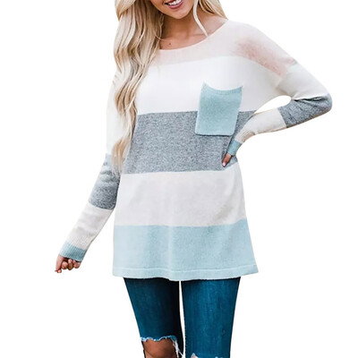 

Nomeni Womens Long Sleeve Stripe Sweater Oversized Knitted Pocket Jumper Pullover Top