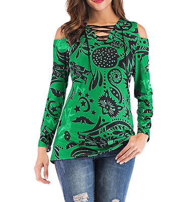 

Nomeni Women Long Sleeve Off Shoulder V Neck Printed Tops Loose T-Shirt Blouse