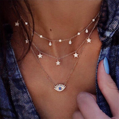 

Bohemian Multilayer Star Moon Pendant Necklace For Woman Fashion Geometric Charm Chain Choker Necklace 2019 Jewelry Wholesale