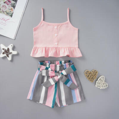 

USA 2PCS Kids Baby Girls Outfits Summer Sleeveless Crop TopsShorts Clothes Set