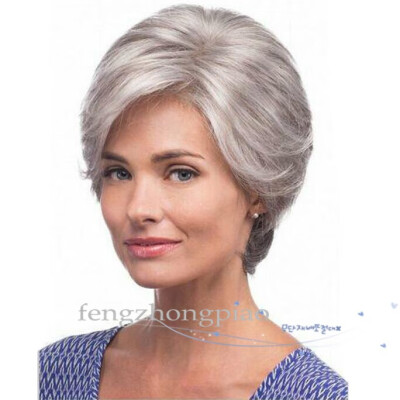 

10 Inches Fashion Mothers Wig Cosplay Party Wig for Women Stylish Natural Silver Grey Wigs with Bangs Synthetic Short Hair