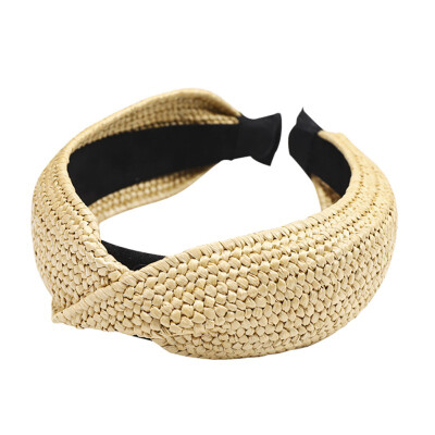 

Bohemian Straw Weaving Hairband Twist Knotted Women Headband Handmade Braided Beach Elastic Wide Cross Hair Hoop Summer