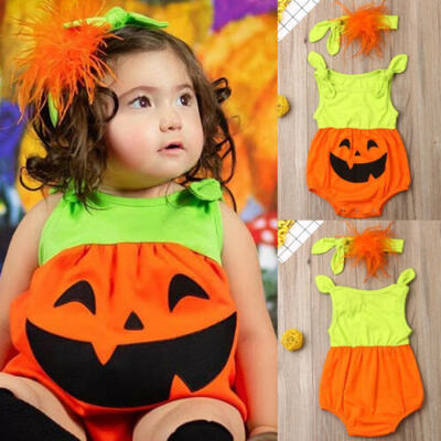 

Newborn Baby Girl Boy Pumpkin Romper Bodysuit Jumpsuit Headband Outfit Clothes