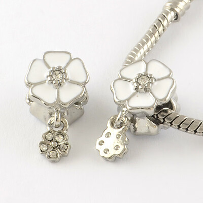 

Flower Enamel Style Platinum Tone Alloy Rhinestone European Beads Large Hole Beads White 19x11x11mm Hole 5mm