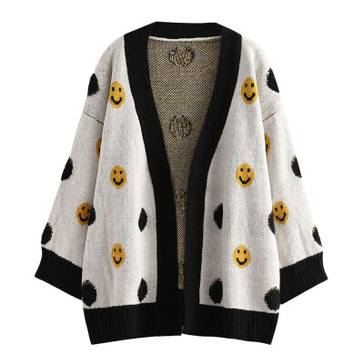 

Toponeto Womens Long Sleeve knitting Cardigan Tops Ladies Print Smile Shirts Coat