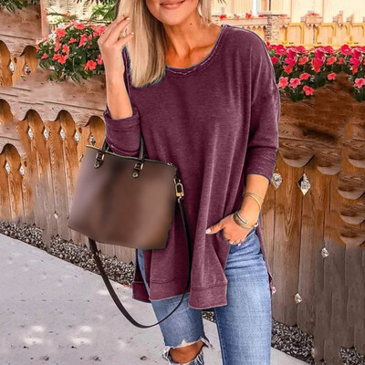 

Tailored Womens Fashion Pure Color Round Collar Long Sleeve Open Fork Loose Sweatshirt