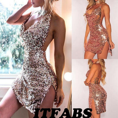 

Womens Sequin Deep V Neck Sleeveless Halter Backless Slit Bodycon Mini Dress Plunging Party Club Mini Dress