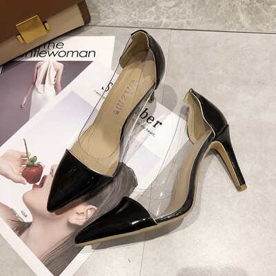 

In summer Korean version of Joker womens shoes transparent pointed high heels thin heels patent leather shallow mouth shoes