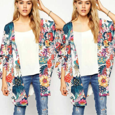 

Fashion Women Boho Floral Shawl Kimono Tops Cardigan Chiffon Loose Coat Blouse