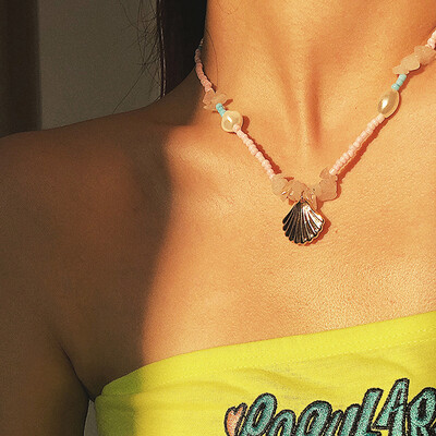 

Fashion Colorful Bead Cowrie Shell Choker Necklace for Women Long Chain Pendant Necklace Gold Color Statement Collier Jewelry