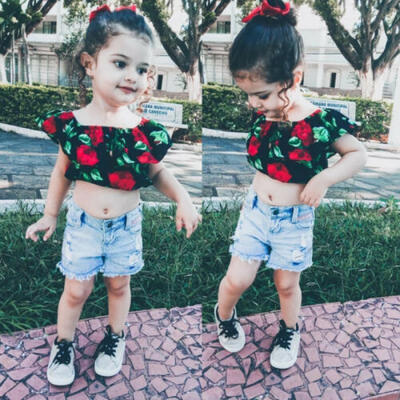 

UK Toddler Kid Baby Girl Off Shoulder Tops Denim Pants Jeans Outfit Set Clothes
