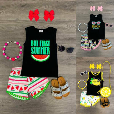 

US Infant Baby Girls Kids Fruit Flower Printing Vest Short Pants Outfits Clothes