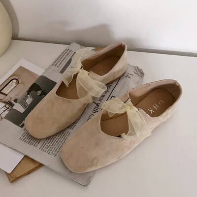 

Grandma shoes women Joker square head Korean version of ins bean shoes flat heel tie bow night shoes