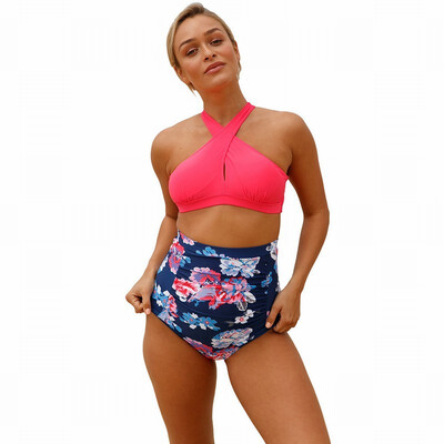 

Tube top sling high waist printed corrugated boxer split swimsuit