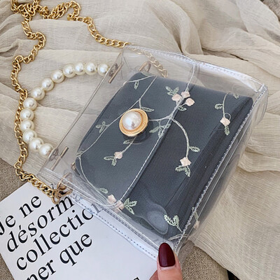 

Transparent jelly bag women 2019 new Korean Joker Messenger bag fashion portable Pearl chain bag