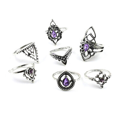 

New Fashion Women Ladies 7Pcs Set Boho Vintage Silver Hollow Carved Gemstone Finger Ring Set