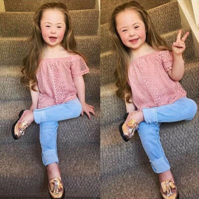 

Toddler Kids Girl Newborn Clothes Off Shoulder Lace Tops Denim Pants Outfits Set