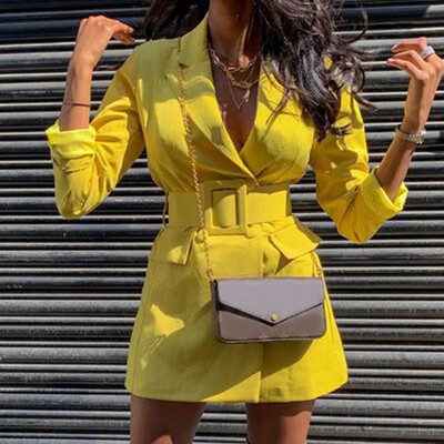 

Women Slim fit Solid Color Long Sleeved Lapeled Deep V Neck Coat Dress Office Work Wear suit Jackets with Belt