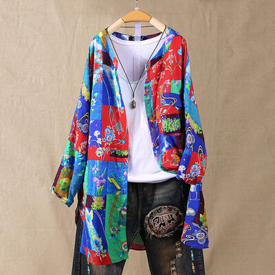 

Tailored Fashion Women Casual Loose Long Sleeve Cotton And Linen Print Cardigan Tops Coat