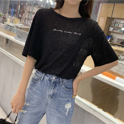 

Sexy T shirt Women Shiny Round Neck Letter Print Short Sleeve Loose Pullover Simple Backless T-Shirt camisetas verano mujer