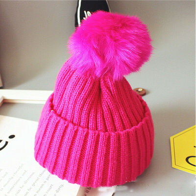 

New Women Kids Baby Mom Warm Winter Knit Beanie Fur Pom Pom Hat Crochet Ski Cap