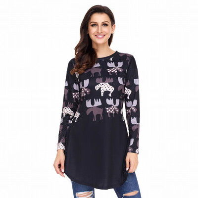 

Round neck long sleeve geometric snowflake reindeer side pocket casual shirt tops womens