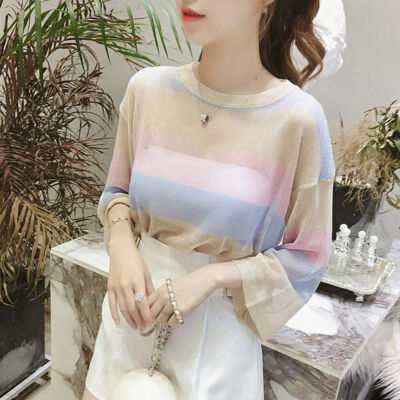 

Women Bright Silk Stitching Stripes Loose Tshirt Casual O Neck Pullover Loose Three Quarter Sunscreen T-shirt Korean Fashion