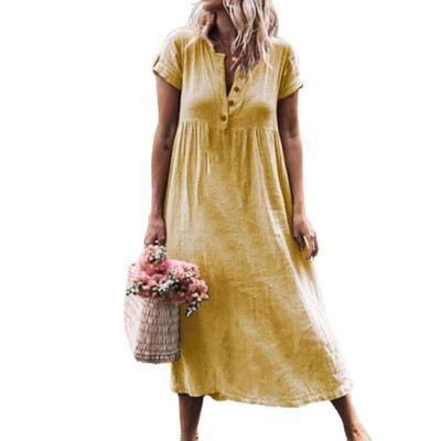 

Women Cotton Linen Long Dress Short Sleeve Casual Boho Kaftan Tunic Plus Size -3XL
