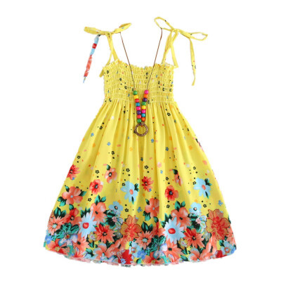 

Casual Baby Girls Dress with Necklace Sleeveless Floral Print Strap Kids Dress For Girls Clothes Toddler Sundress