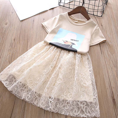

Children Girl 2 Pcs Lace Floral Skirts Set Short Sleeve Cartoon Print T-shirt Dress Skirt Casual Outfits