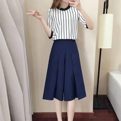

Summer Two Piece Set Women Striped Shirt Casual Wide Leg Pants Outfit Women Clothing
