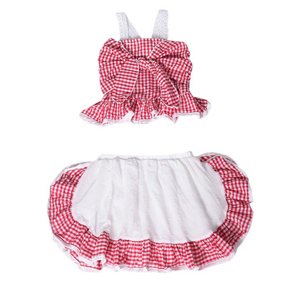 

Kids Baby Girls Princess Summer Big Bow Plaid Strap Top Mini Pleated Culottes 2Pcs Costume Set