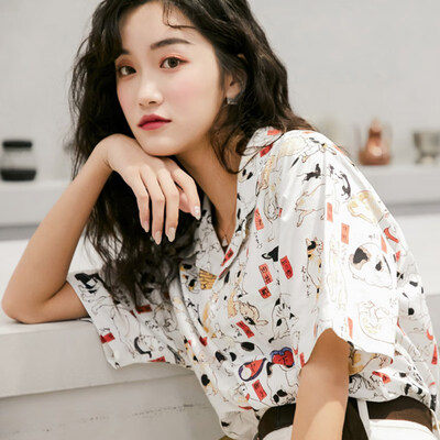 

Vintage Women Tops&Blouses Cat Print Cute Ladies Shirt Short Sleeve BlusasFemale Clothes