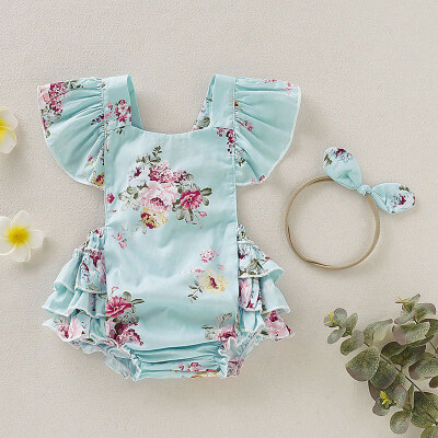 

Summer Newborn Baby Girls Floral Rompers Set Flare Sleeve Jumpsuit With Headband