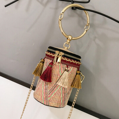 

2019 Women Tassels Handbags Bohemian Zippers Bucket Bag Metal Round Handle Crossbody Bags Fashion National Shoulder Bag