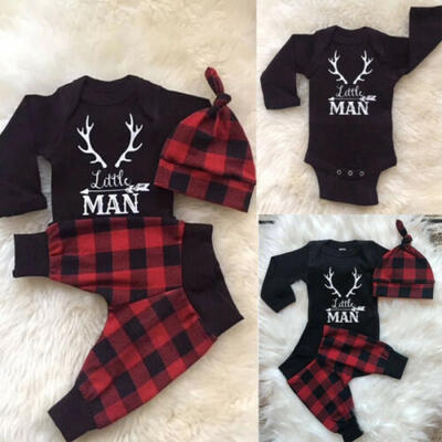 

USA 3Pcs Newborn Baby Boy Romper Tops Long Pants Hat Outfits Clothes 0-18M Xmas